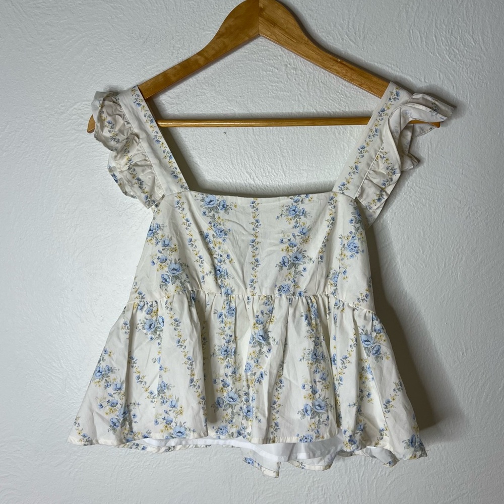 NWT Altar'd State Ruffle Peplum Top Ivory Blue Floral Bow Back Zip Size S Small
